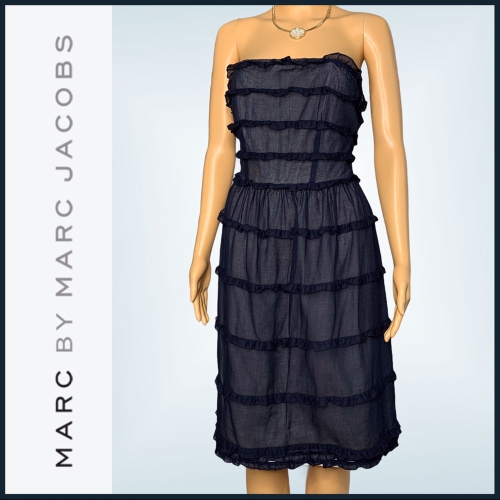 MARC BY MARC JACOBS Strapless Ruffled Cocktail Dress in Jet Blue Size 10…